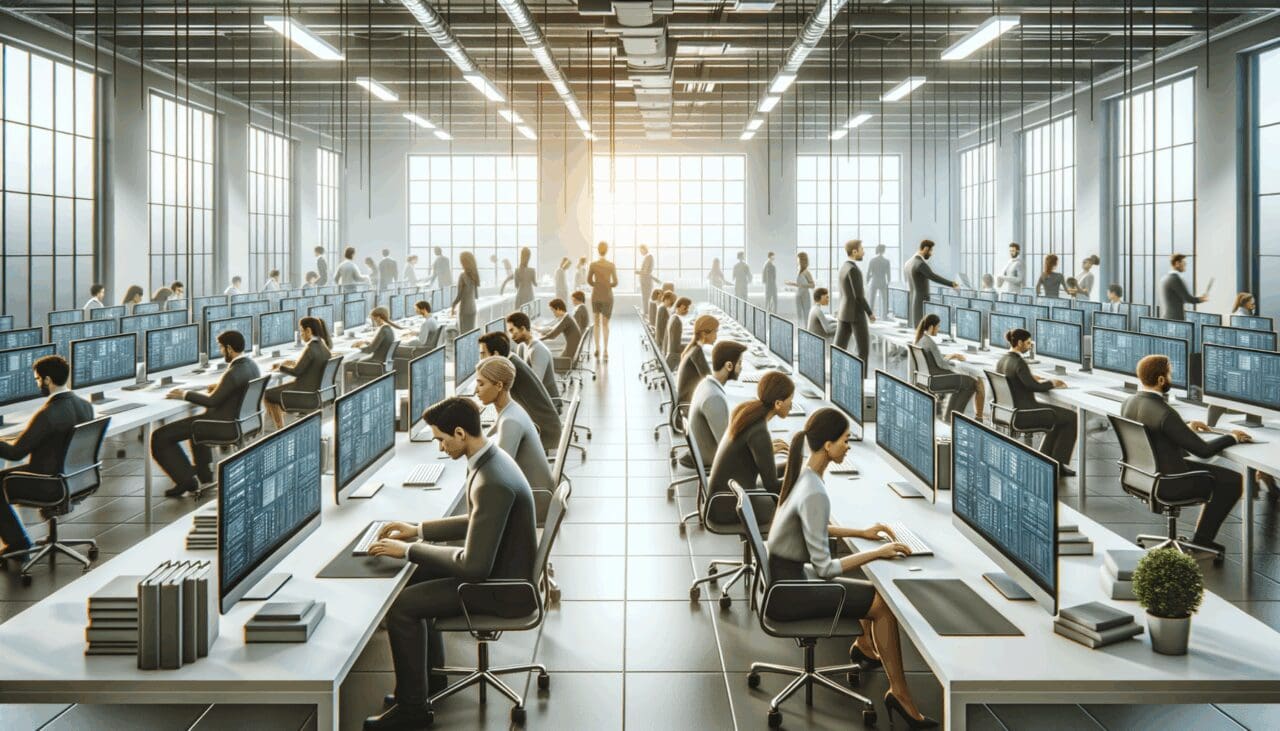 Oficina moderna con equipos de tecnología y emprendedores trabajando.