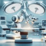 Fotografía de robot quirúrgico de alta tecnología operando en un moderno quirófano, rodeado de equipo médico.