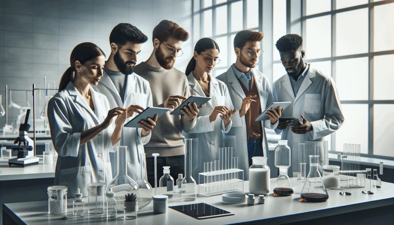Equipo de científicos y tecnólogos colaborando en un laboratorio moderno con tabletas y frascos de muestras.