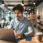 Joven emprendedor en un espacio de coworking revisando su portátil.