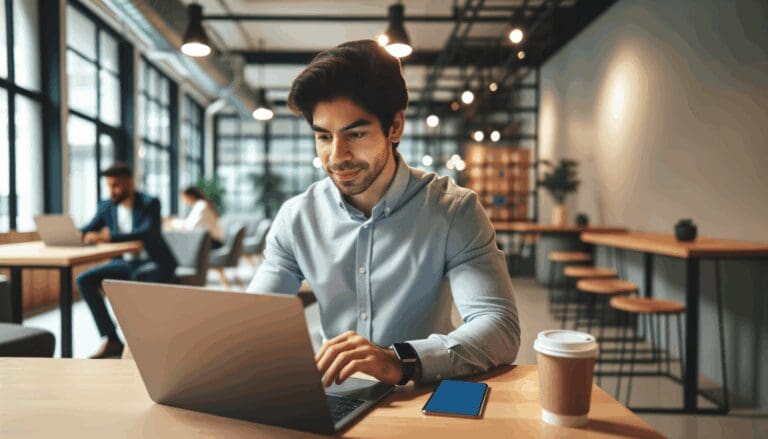 Joven emprendedor en un espacio de coworking revisando su portátil.