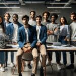 Equipo de jóvenes emprendedores reunidos en un espacio moderno de coworking con prototipo tecnológico sobre la mesa.