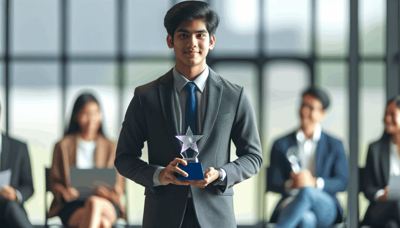 Joven emprendedor recibiendo un reconocimiento en un evento sobre startups