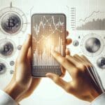 Primer plano de manos sosteniendo un smartphone con gráficos financieros y monedas digitales sobre fondo blanco.