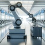 Primer plano de un brazo robótico transportando maletas en un aeropuerto moderno, fondos desenfocados.