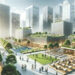 Zona empresarial moderna rodeada de áreas verdes, emprendedores colaborando en espacios abiertos.