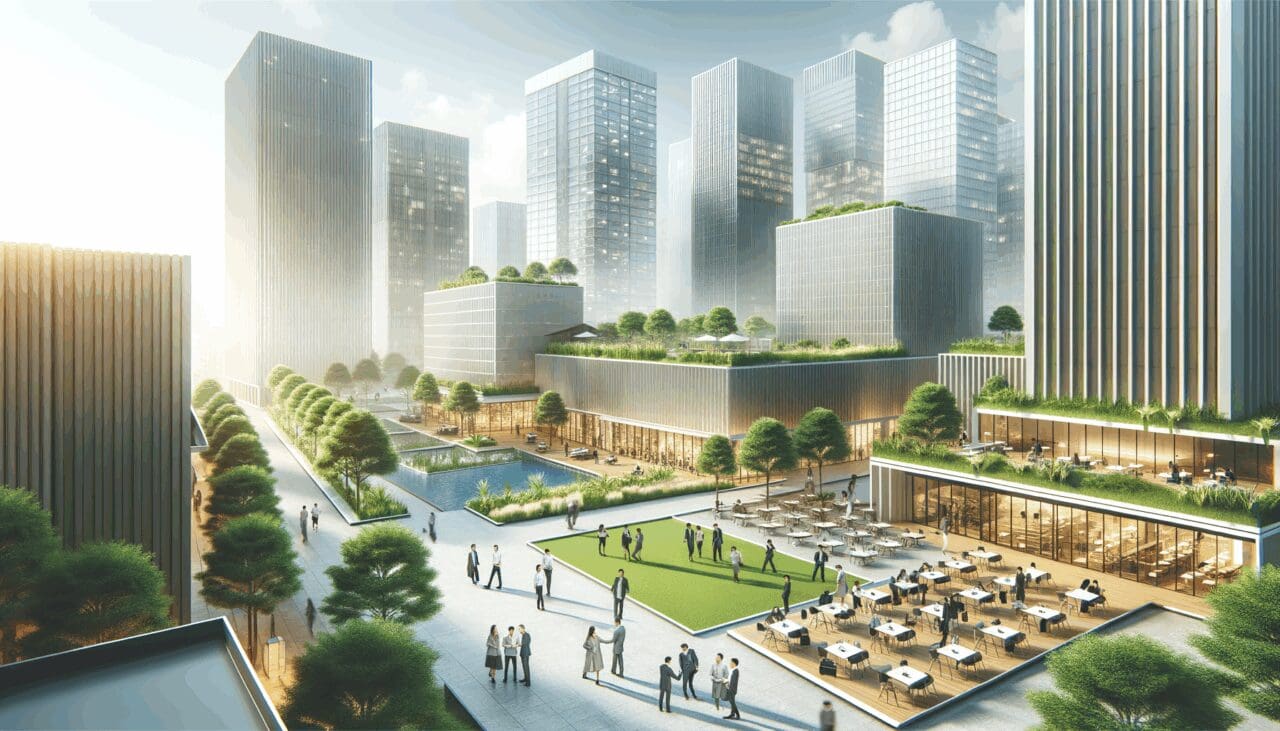 Zona empresarial moderna rodeada de áreas verdes, emprendedores colaborando en espacios abiertos.
