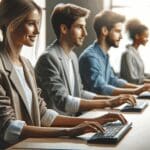 Primer plano de jóvenes profesionales usando computadoras en un espacio de coworking moderno, ambiente tecnológico y colaborativo.