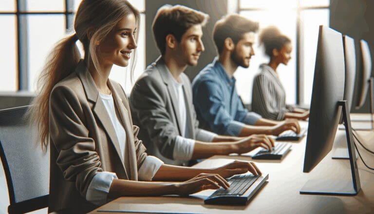 Primer plano de jóvenes profesionales usando computadoras en un espacio de coworking moderno, ambiente tecnológico y colaborativo.