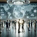 Personas interactuando en un auditorio moderno tecnológico, pantallas digitales de fondo y ambiente de networking global.