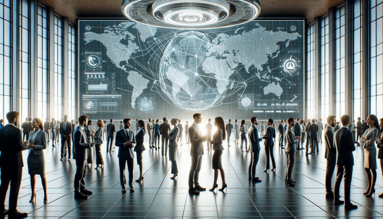 Personas interactuando en un auditorio moderno tecnológico, pantallas digitales de fondo y ambiente de networking global.