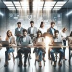 Equipo de jóvenes emprendedores trabajando en laptops en un espacio moderno con pizarras tecnológicas al fondo.