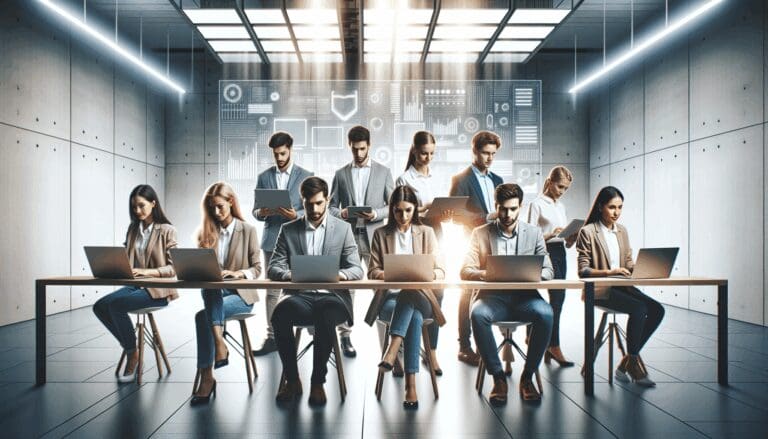 Equipo de jóvenes emprendedores trabajando en laptops en un espacio moderno con pizarras tecnológicas al fondo.