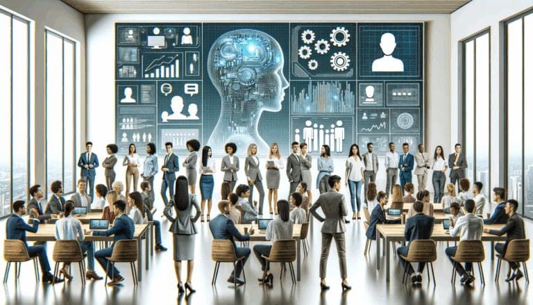 Personas reunidas en una oficina moderna, mostrando pantallas con elementos de inteligencia artificial y tecnología.