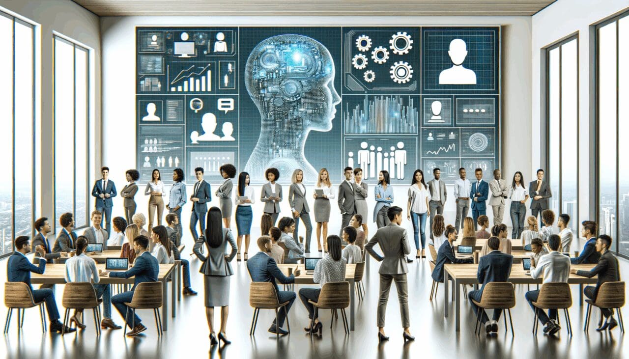 Personas reunidas en una oficina moderna, mostrando pantallas con elementos de inteligencia artificial y tecnología.