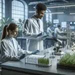 Dos jóvenes investigadores trabajan en un laboratorio moderno con dispositivos biotecnológicos y plantas a la vista.