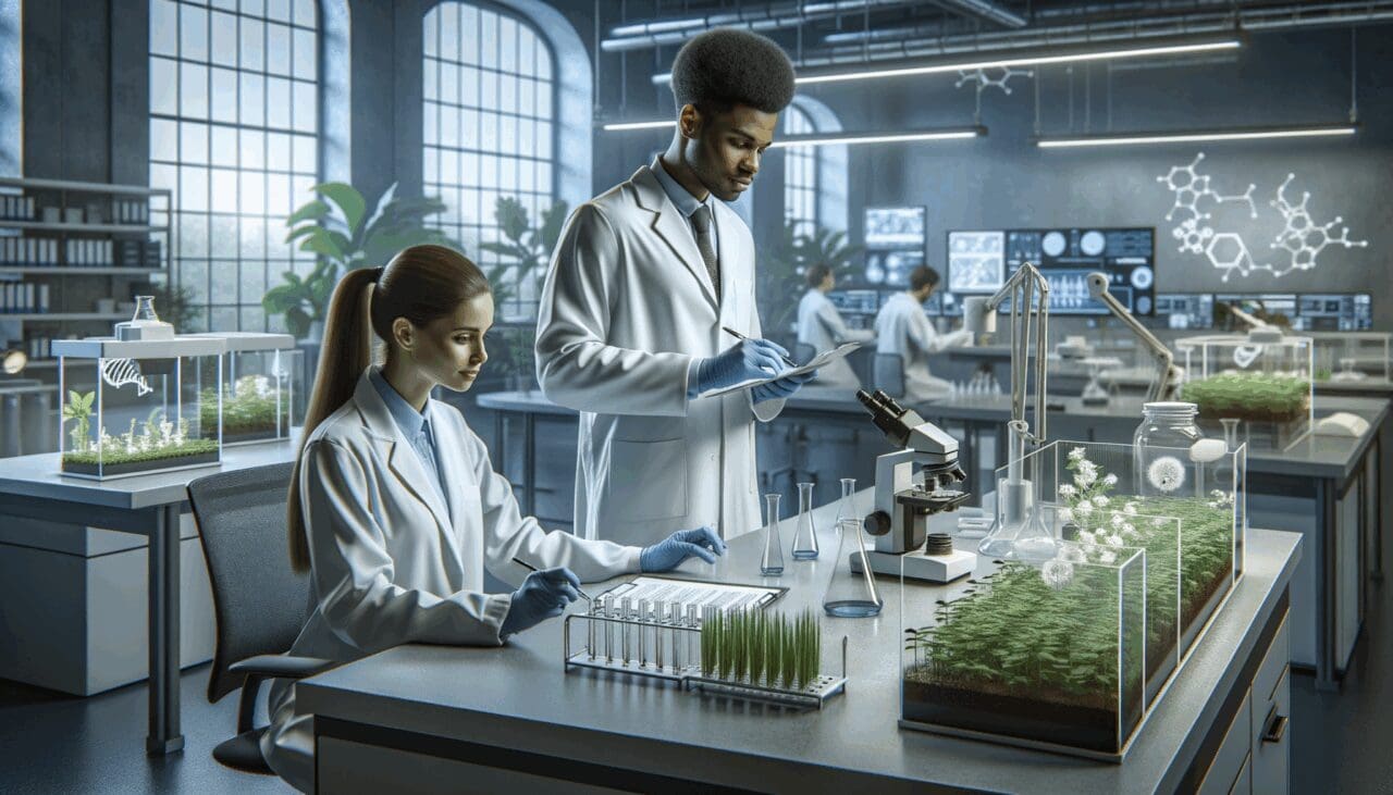 Dos jóvenes investigadores trabajan en un laboratorio moderno con dispositivos biotecnológicos y plantas a la vista.
