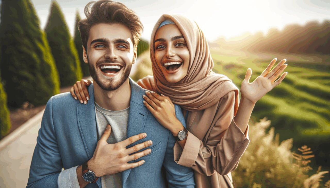 Dos jóvenes sonrientes compartiendo una experiencia al aire libre rodeados de naturaleza, estilo moderno y vibrante.