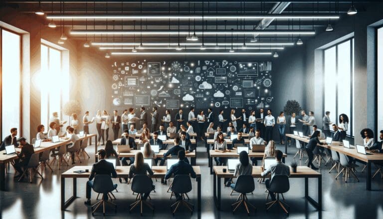 Emprendedores reunidos en un espacio moderno de coworking tecnológico rodeados de laptops y pizarras digitales.