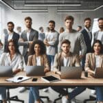 Grupo de jóvenes profesionales reunidos en una sala de trabajo moderna con laptops y pizarras digitales, reflejando innovación y tecnología.