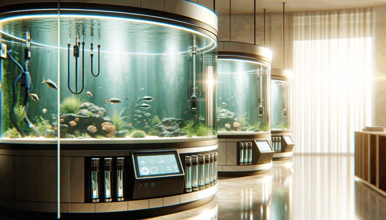 Acercamiento a tanques de agua dulce en un acuario moderno, con luz natural y equipos tecnológicos.