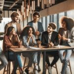 Jóvenes emprendedores colaborando en un espacio de coworking moderno