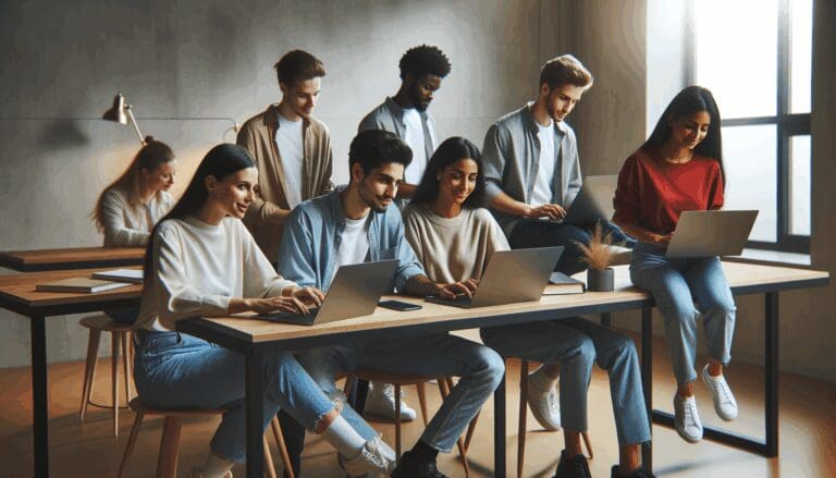 Grupo diverso de jóvenes colaborando en laptops en un espacio de coworking moderno.