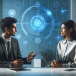 Dos empresarios conversando en una sala moderna, fondo con gráficos tecnológicos azules.