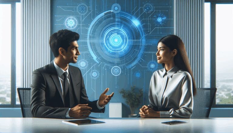 Dos empresarios conversando en una sala moderna, fondo con gráficos tecnológicos azules.