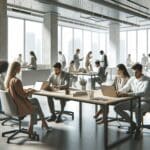 Personas reunidas en un espacio de coworking moderno, colaborando frente a computadoras portátiles.