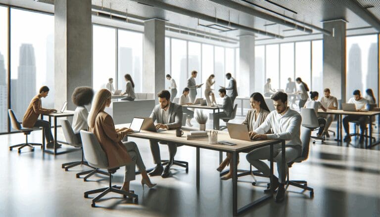 Personas reunidas en un espacio de coworking moderno, colaborando frente a computadoras portátiles.