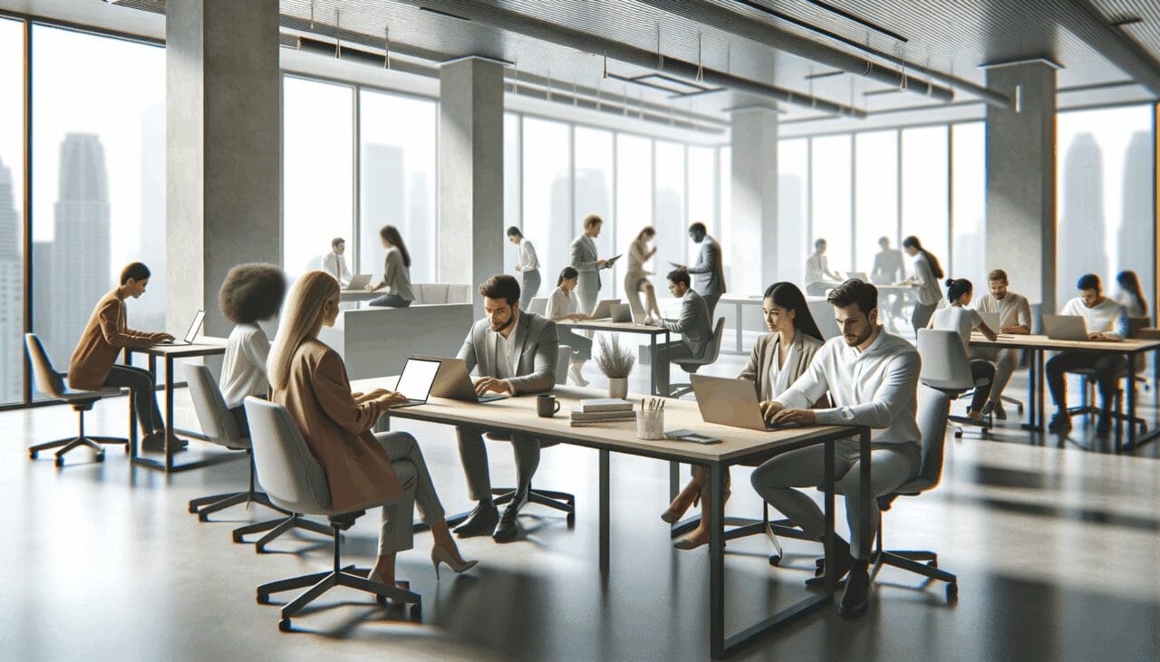Personas reunidas en un espacio de coworking moderno, colaborando frente a computadoras portátiles.