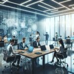 Oficinas modernas iluminadas, equipo de trabajo colaborando en laptops con gráficos digitales al fondo.