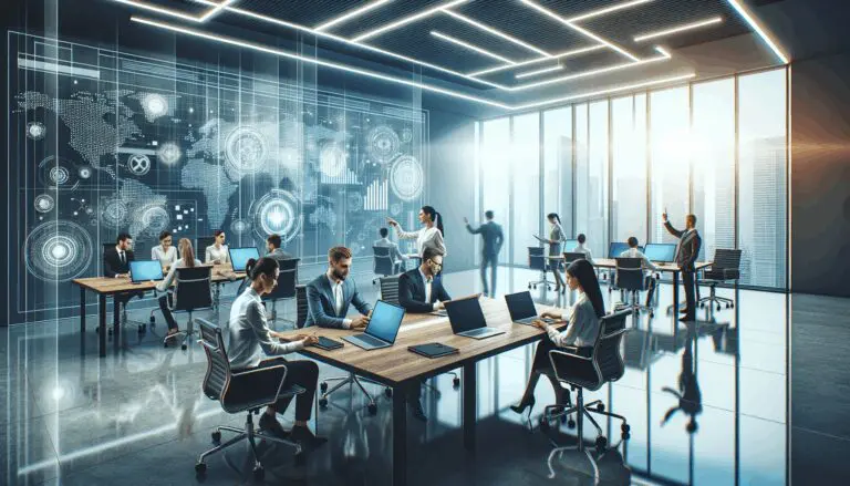 Oficinas modernas iluminadas, equipo de trabajo colaborando en laptops con gráficos digitales al fondo.