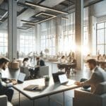 Espacio de coworking moderno con emprendedores trabajando en laptops, ambiente luminoso y colaborativo.