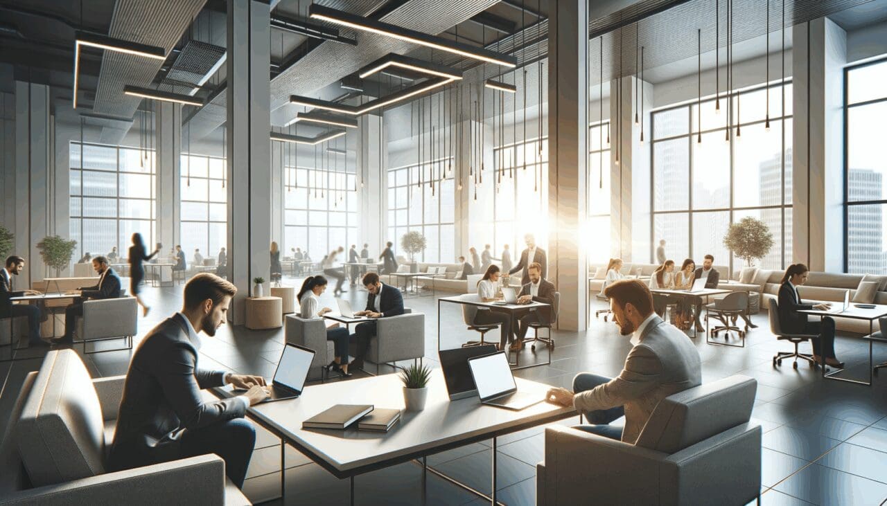 Espacio de coworking moderno con emprendedores trabajando en laptops, ambiente luminoso y colaborativo.