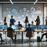 Oficina moderna con emprendedores colaborando frente a pantallas que muestran gráficos y datos tecnológicos.