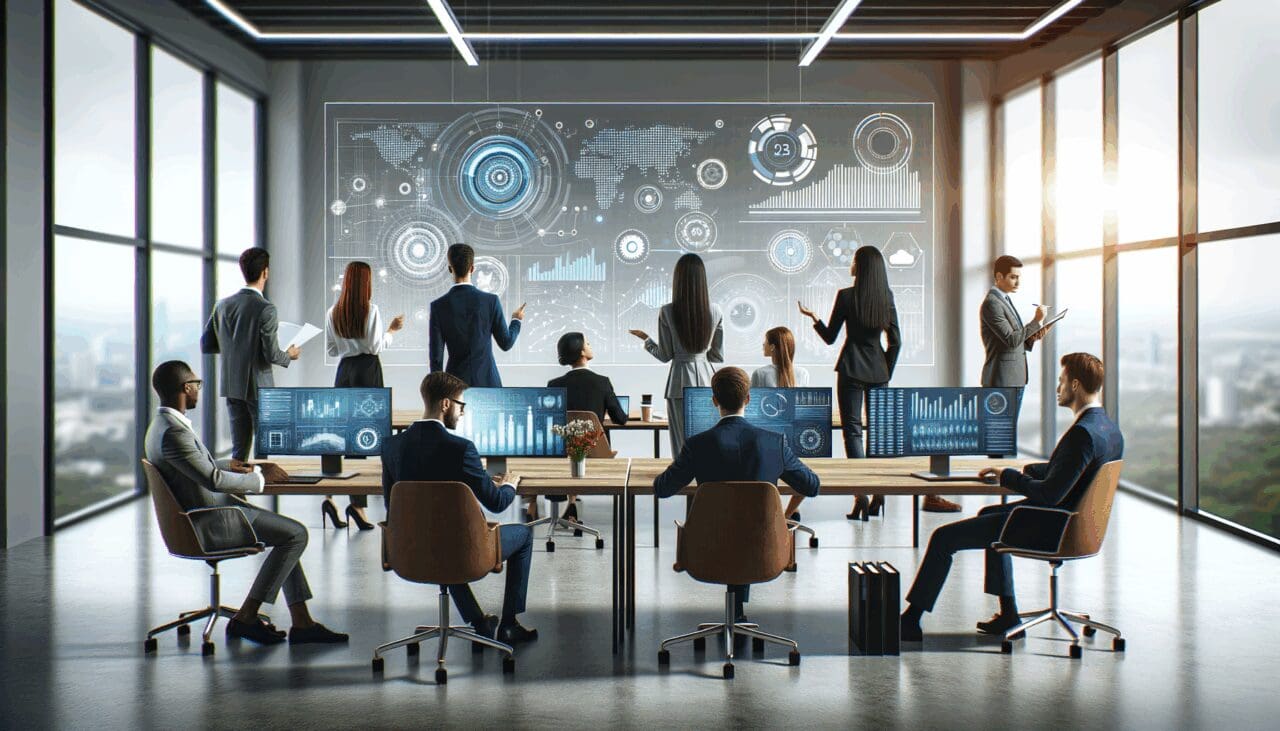 Oficina moderna con emprendedores colaborando frente a pantallas que muestran gráficos y datos tecnológicos.