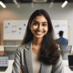 Retrato de una emprendedora sonriente en una sala de coworking moderna, con laptops y pizarras al fondo.