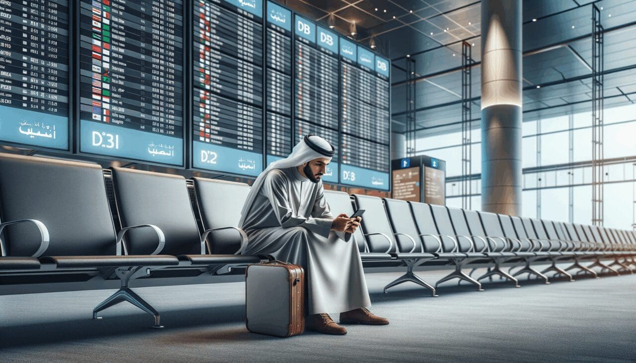 Persona usando un smartphone mientras espera en un aeropuerto moderno, con pantallas digitales de fondo.