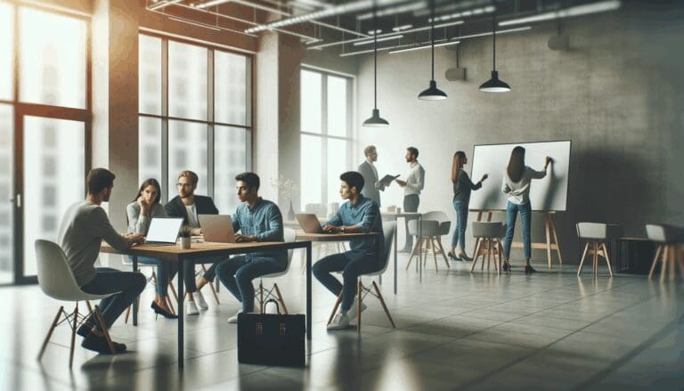 Espacio moderno de coworking con emprendedores colaborando en laptops y pizarras.