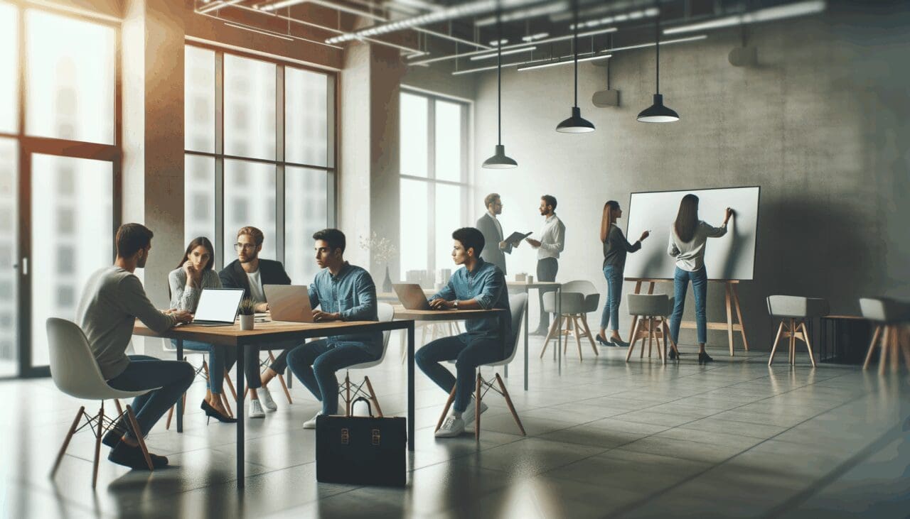 Espacio moderno de coworking con emprendedores colaborando en laptops y pizarras.