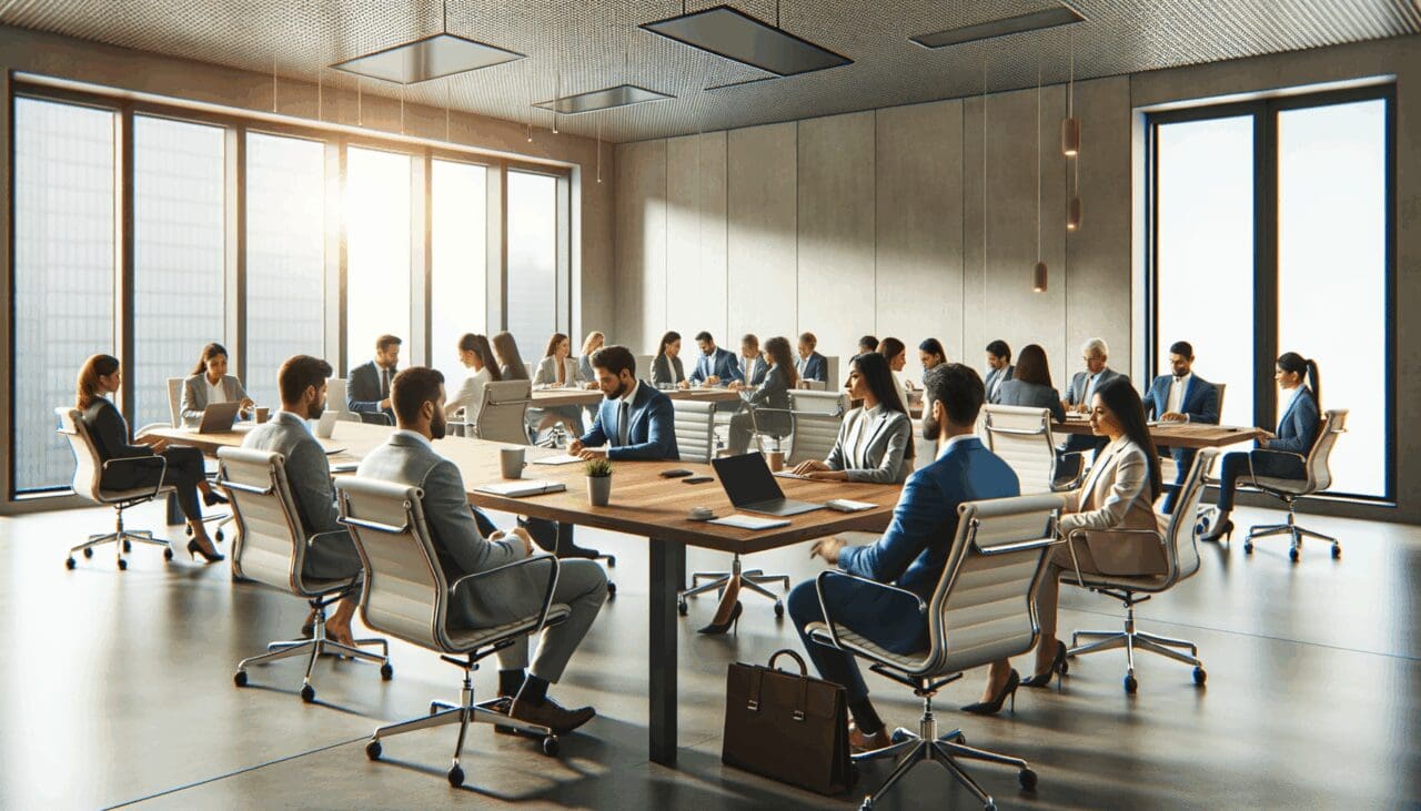 Sala de conferencias moderna con emprendedores latinos en plena actividad