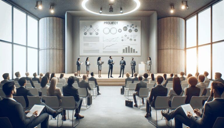 Grupo diverso de personas presentando proyectos en un auditorio moderno, ambiente de networking e innovación.