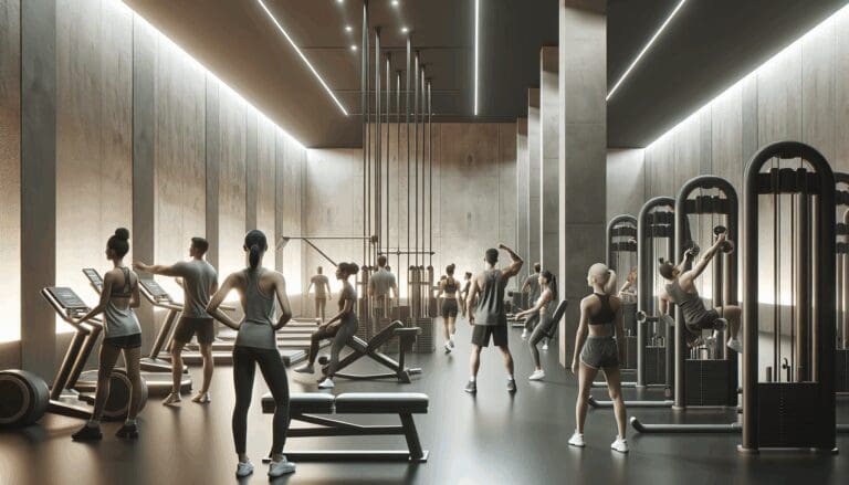 Gimnasio moderno con personas ejercitándose en equipos de alta tecnología.