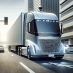 Primer plano de un camión autónomo circulando por una autopista, en un entorno urbano moderno y tecnológico.