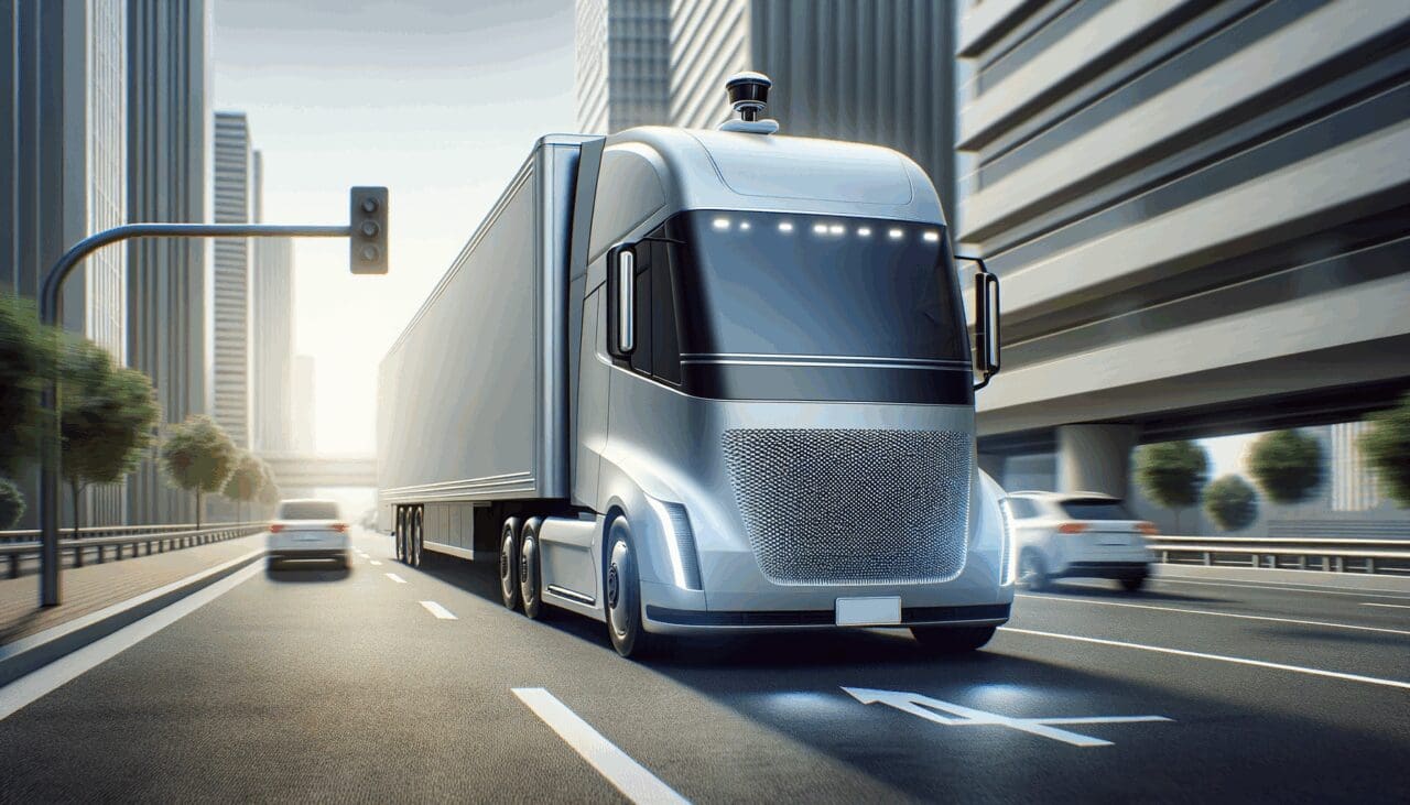 Primer plano de un camión autónomo circulando por una autopista, en un entorno urbano moderno y tecnológico.