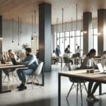 Vista interior de un moderno espacio de coworking con emprendedores trabajando en laptops.