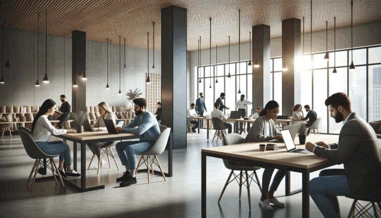 Vista interior de un moderno espacio de coworking con emprendedores trabajando en laptops.