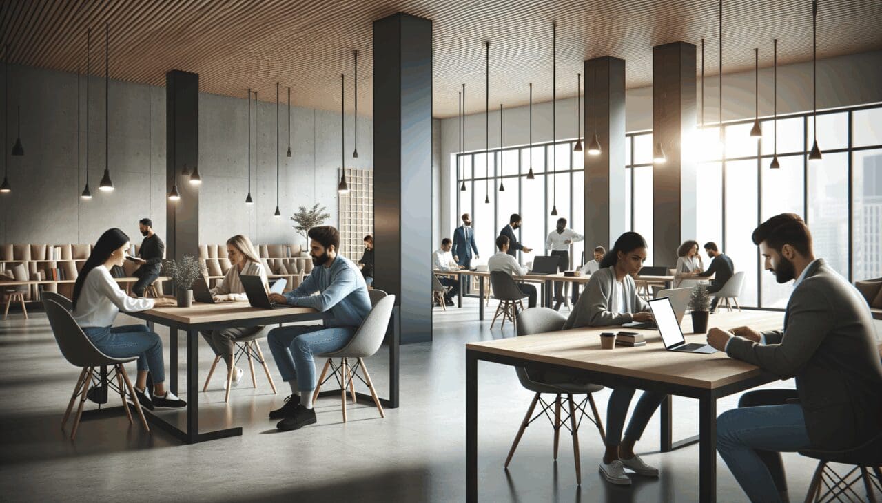Vista interior de un moderno espacio de coworking con emprendedores trabajando en laptops.